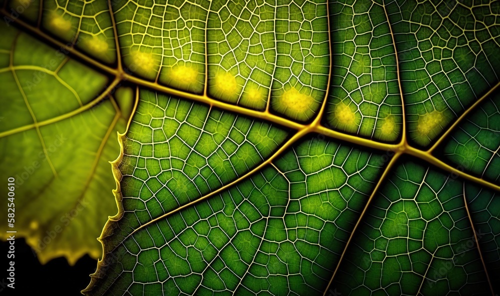  a close up of a green leaf with yellow spots on its leaves are shown in close up and a black backg