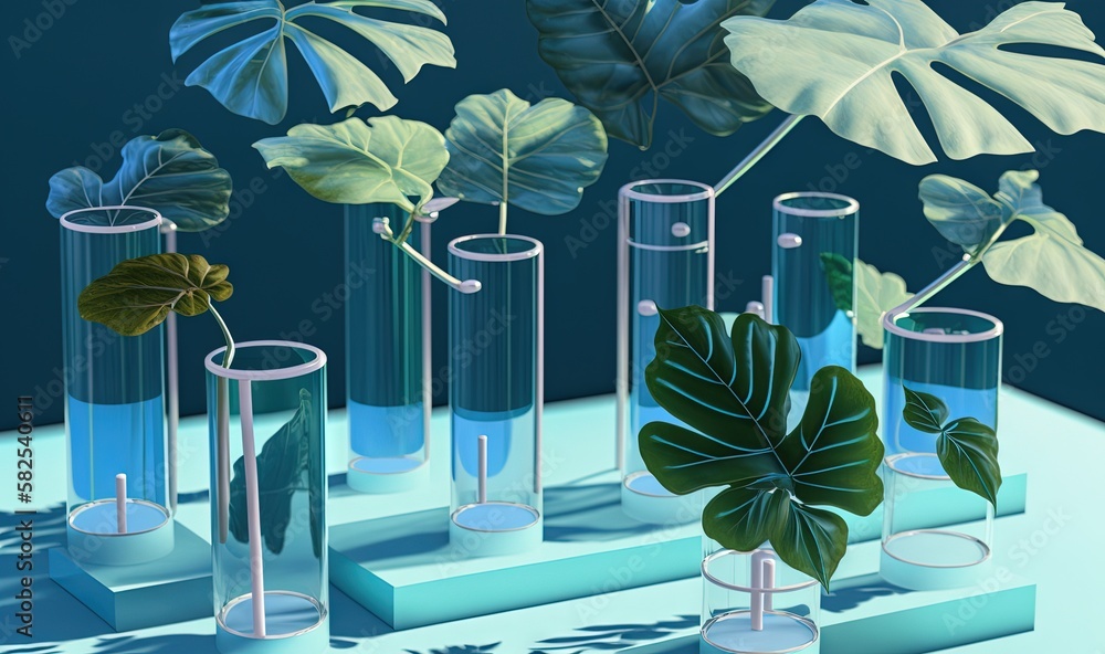  a group of vases with plants in them on a blue surface with a shadow of a plant in the middle of th