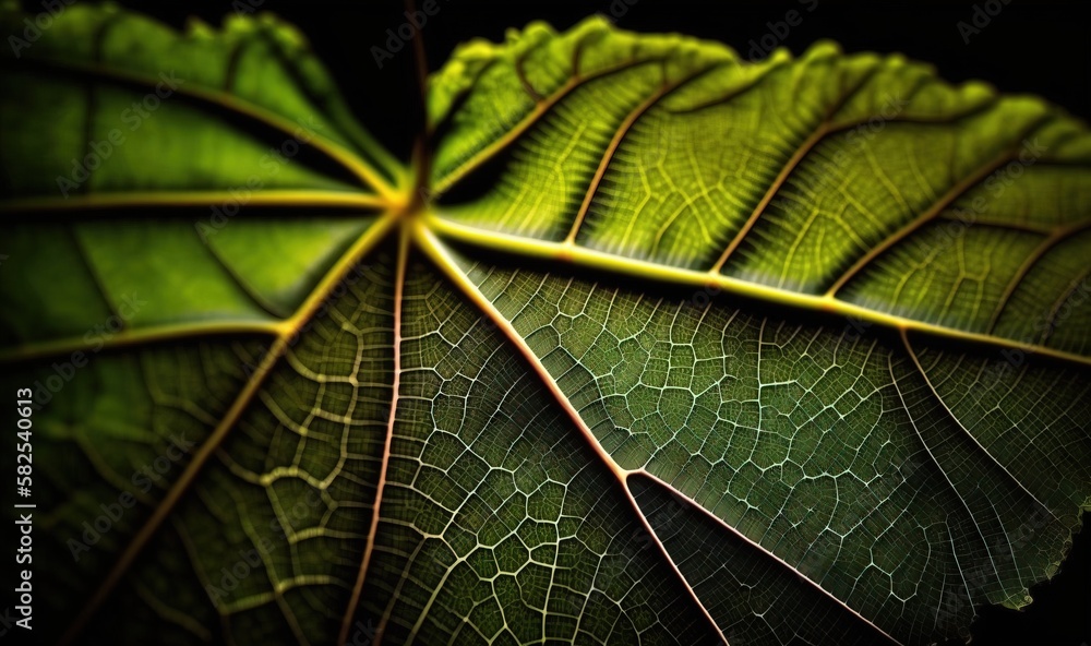  a close up of a green leafs leaf structure with a black background and a yellow line across the ce