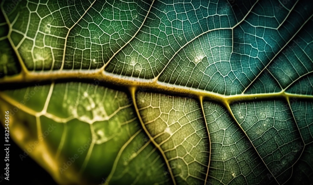  a close up view of a green leafs leafs vein, with the light reflecting on the leafs surface and 