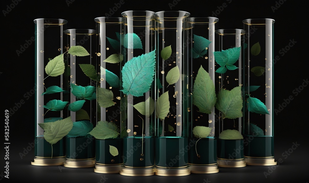  a group of three glass vases with leaves inside of them on a black surface with a gold border aroun