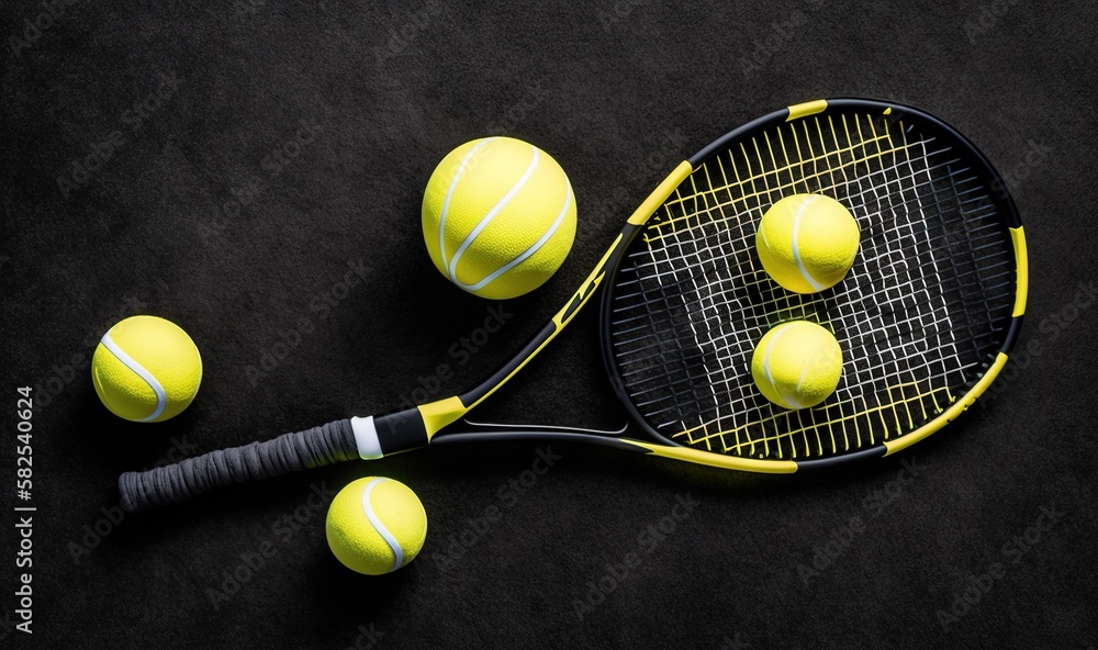  a tennis racket and four balls on a black surface with a black background and a black and yellow te