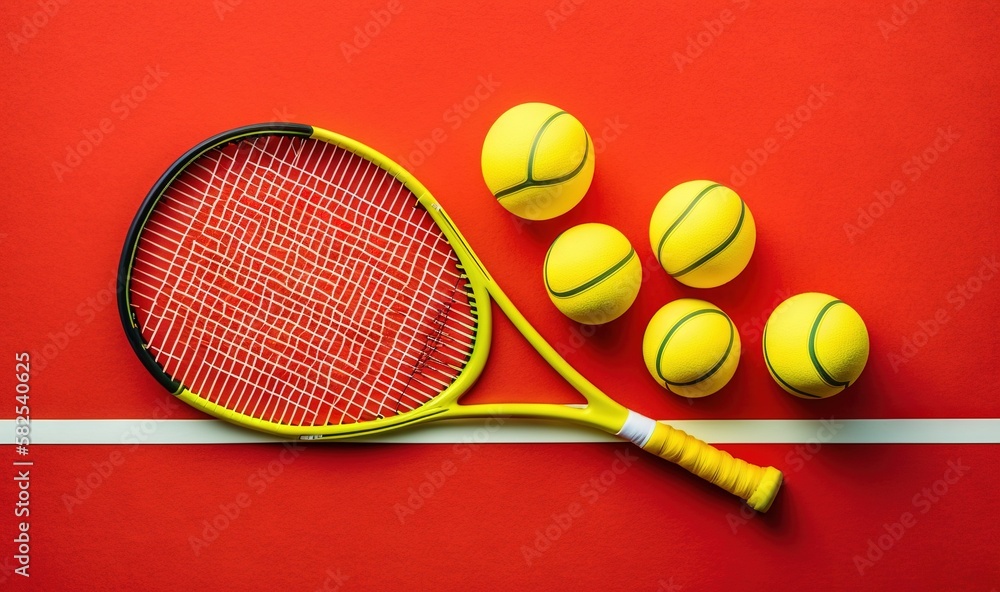  a tennis racket and five tennis balls on a red surface with a white line in the middle of the image