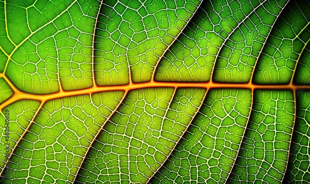  a close up view of a green leafs leafs vein and veining, with a bright orange line across the cen