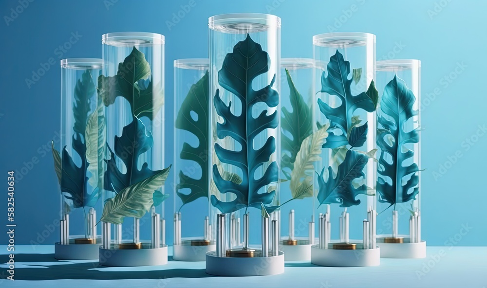  a group of three glass vases with plants inside of them on a blue surface with a light blue back gr