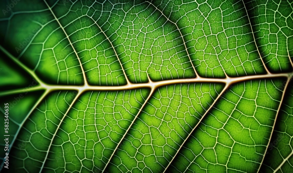  a close up view of a green leafs leafs vein and veining, with a light reflecting on the leafs su