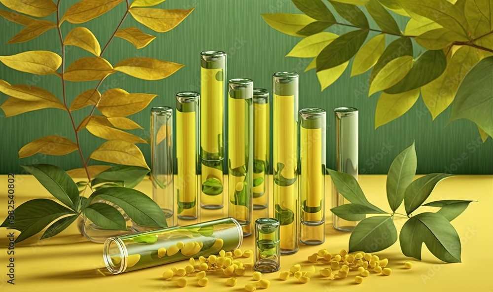  a group of glass tubes filled with yellow liquid next to green leaves on a yellow tablecloth with a