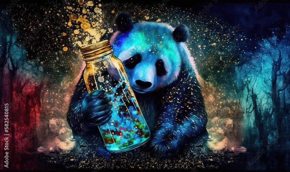  a painting of a panda bear holding a jar with a liquid inside of it and a sprinkle of gold on the t