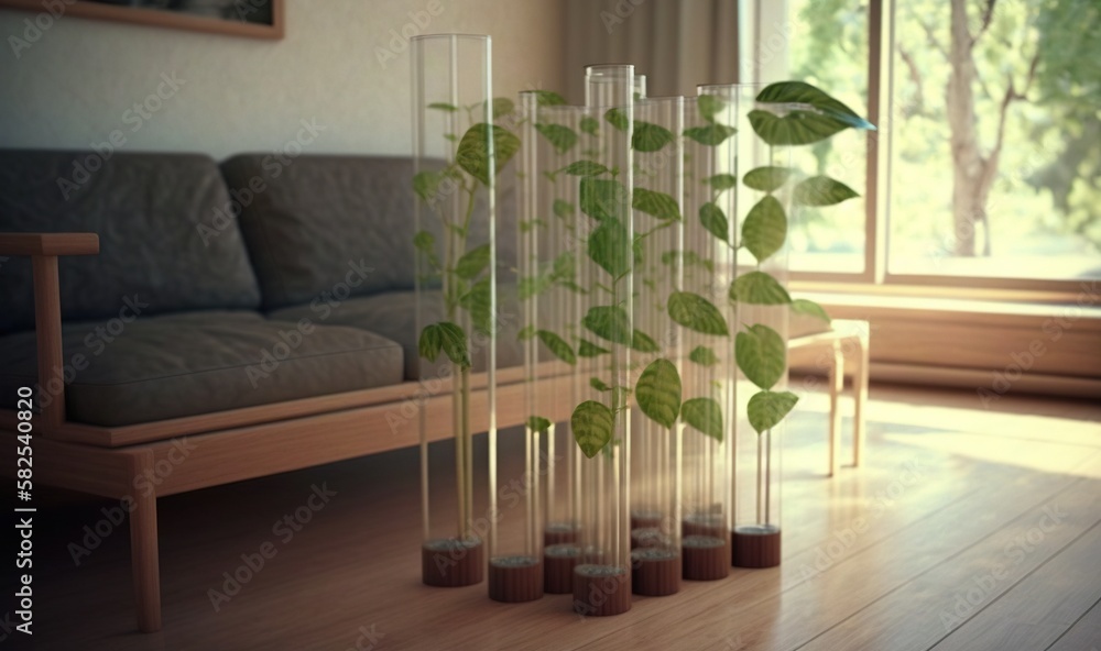  a living room with a couch and a plant in the middle of the room, and a glass vase with a plant in 