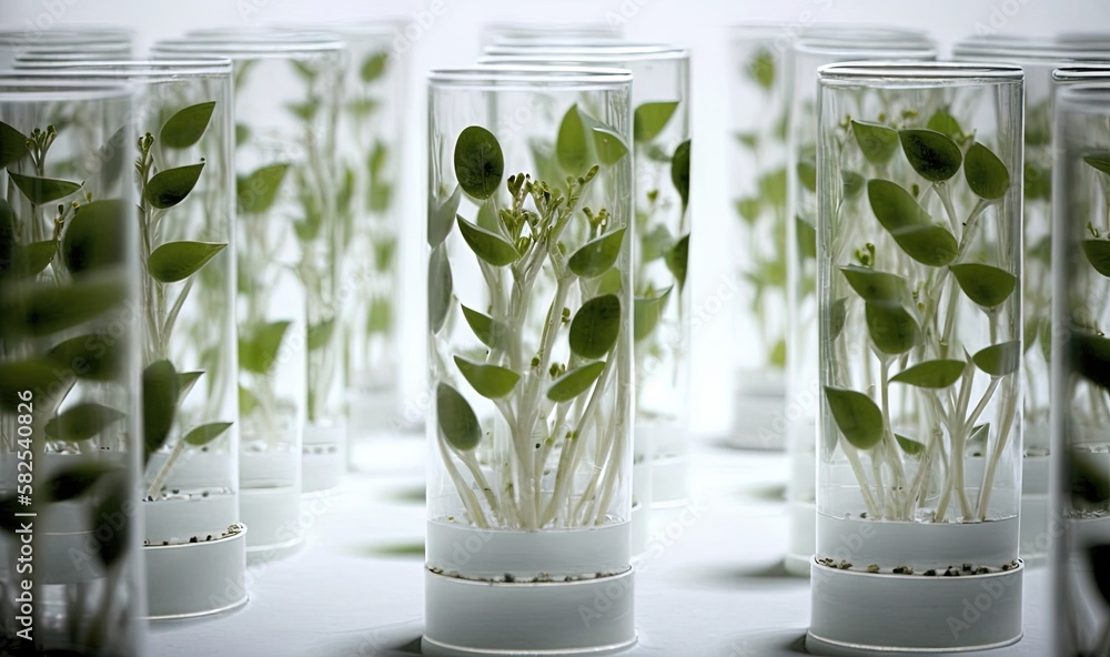  a group of glass vases with plants inside of them on a table top with a white background and a whit