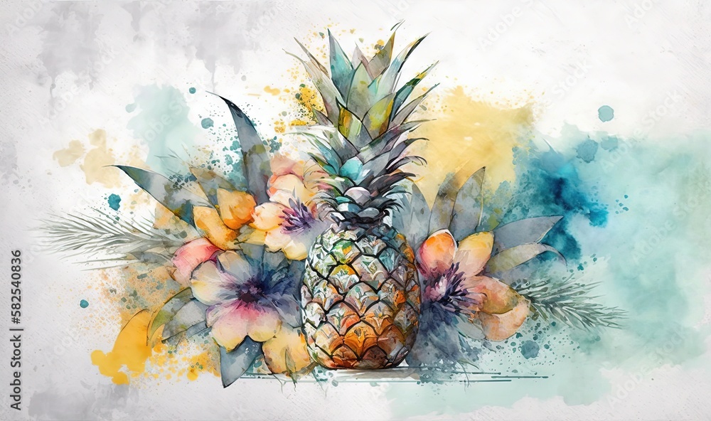  a painting of a pineapple surrounded by flowers and leaves on a white background with blue and yell