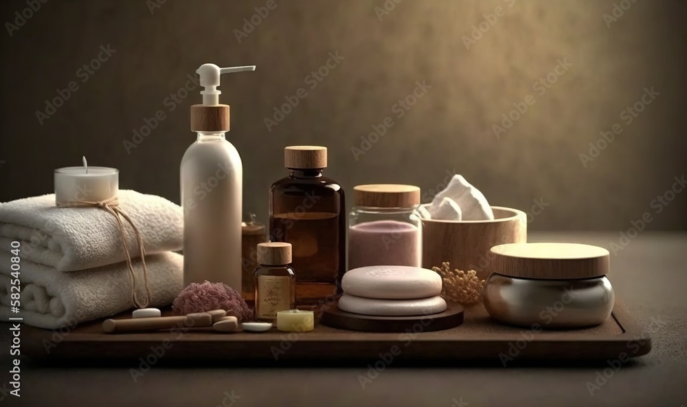  a wooden tray topped with lots of different types of skin care products and bottles of lotion and l