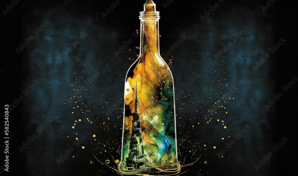  a painting of a bottle with a painting of a bird inside it on a black background with gold dots aro