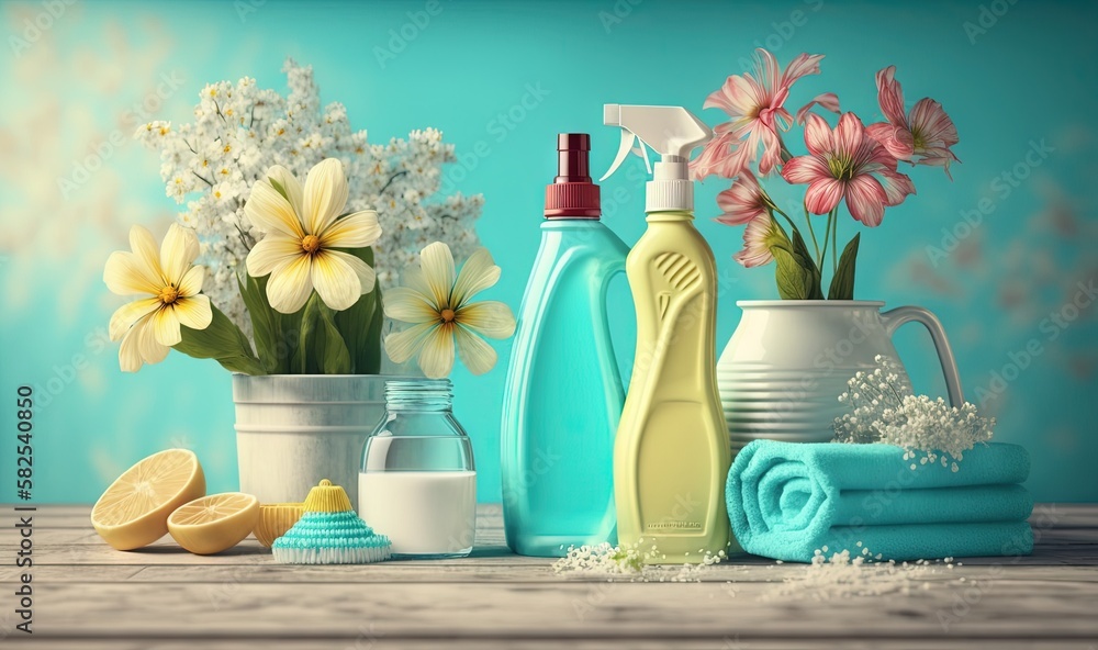  a table topped with bottles of cleaning products and a vase filled with flowers and other things ne