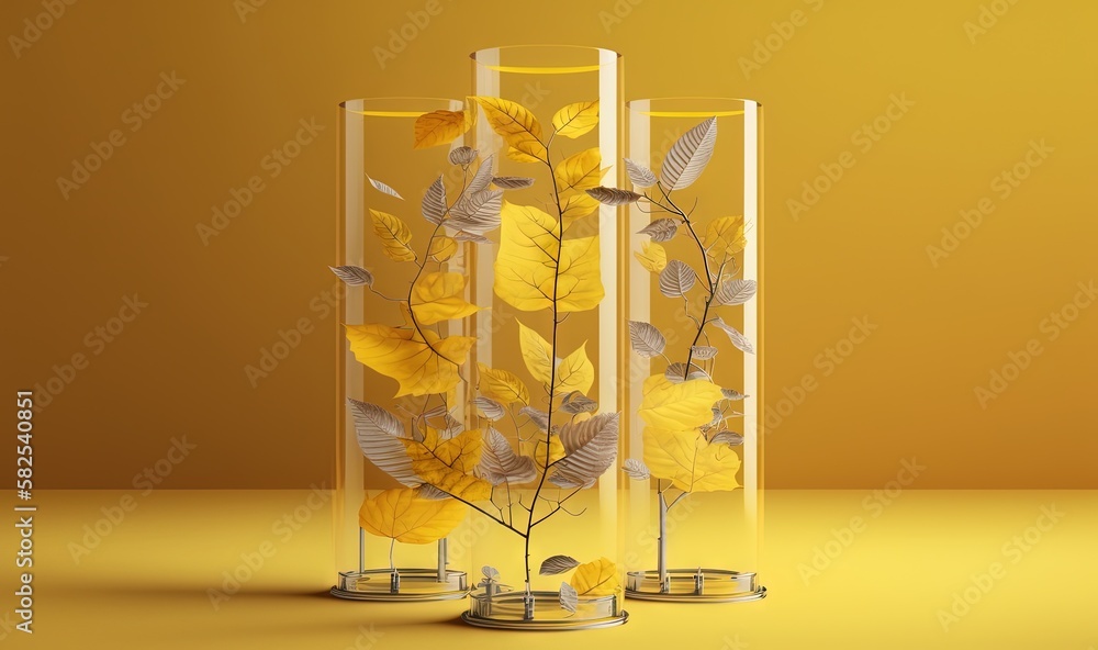  three glass vases with yellow flowers in them on a table with a yellow background and a yellow wall