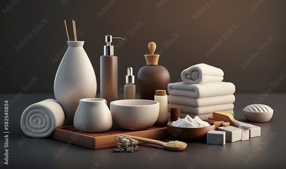  a collection of bathroom items sitting on a counter top next to a bottle of lotion and a bowl of so