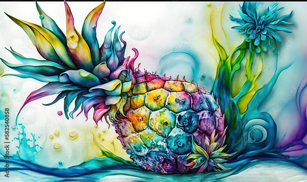  a painting of a pineapple with a splash of water on the bottom of the image and a flower on the bot