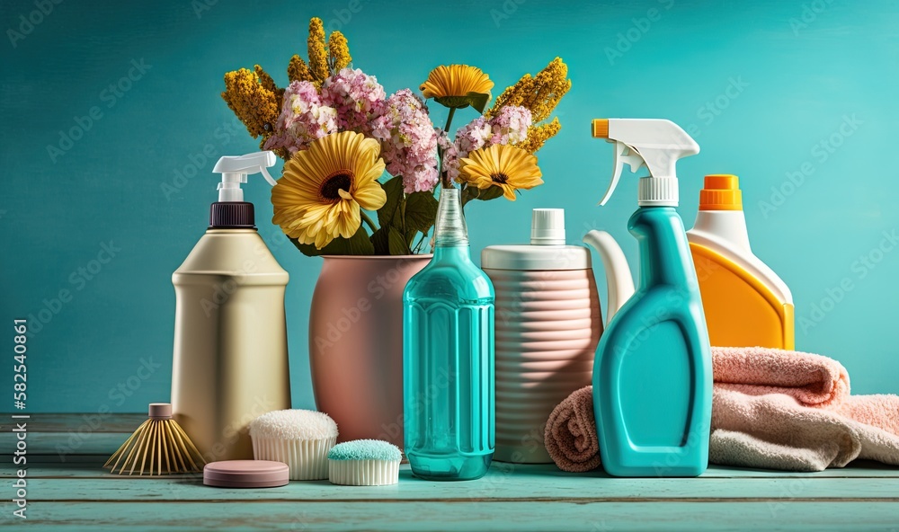  a bunch of cleaning products sitting on top of a wooden table next to a vase with flowers in it and