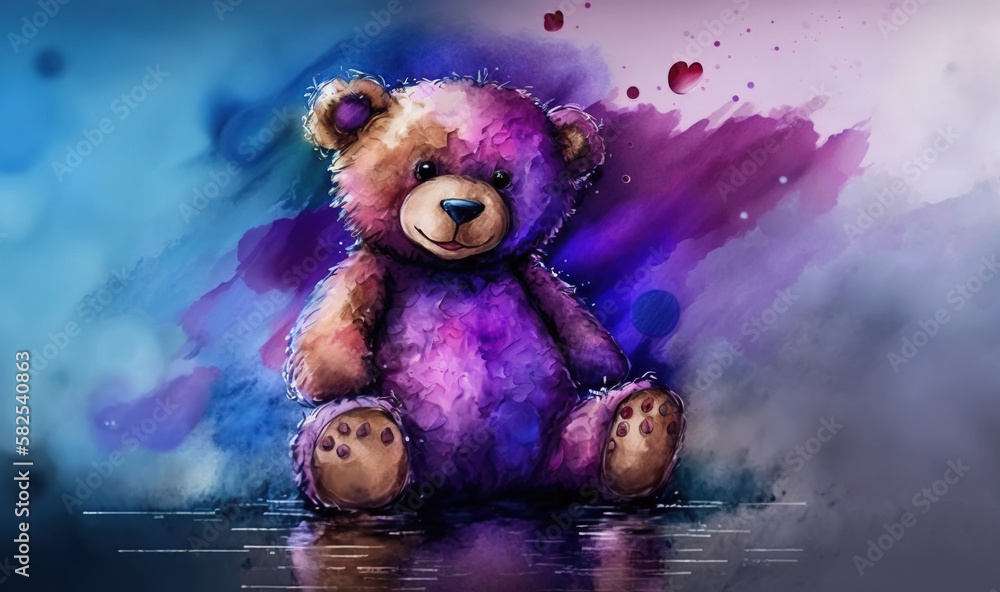  a painting of a purple teddy bear sitting on a watercolor background with hearts floating in the ai