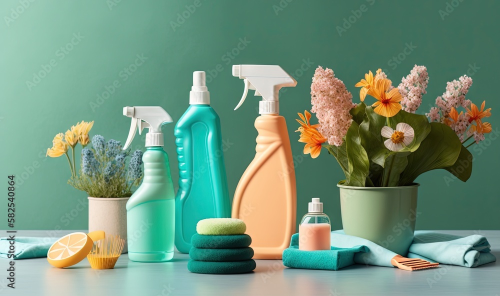  a group of cleaning products sitting on top of a table next to a potted plant and a potted plant wi