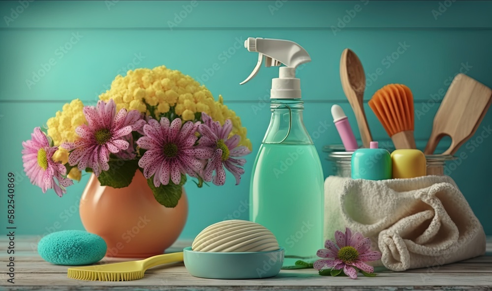  a vase filled with flowers next to a bottle of soap and a brush and a sponge on a wooden table next