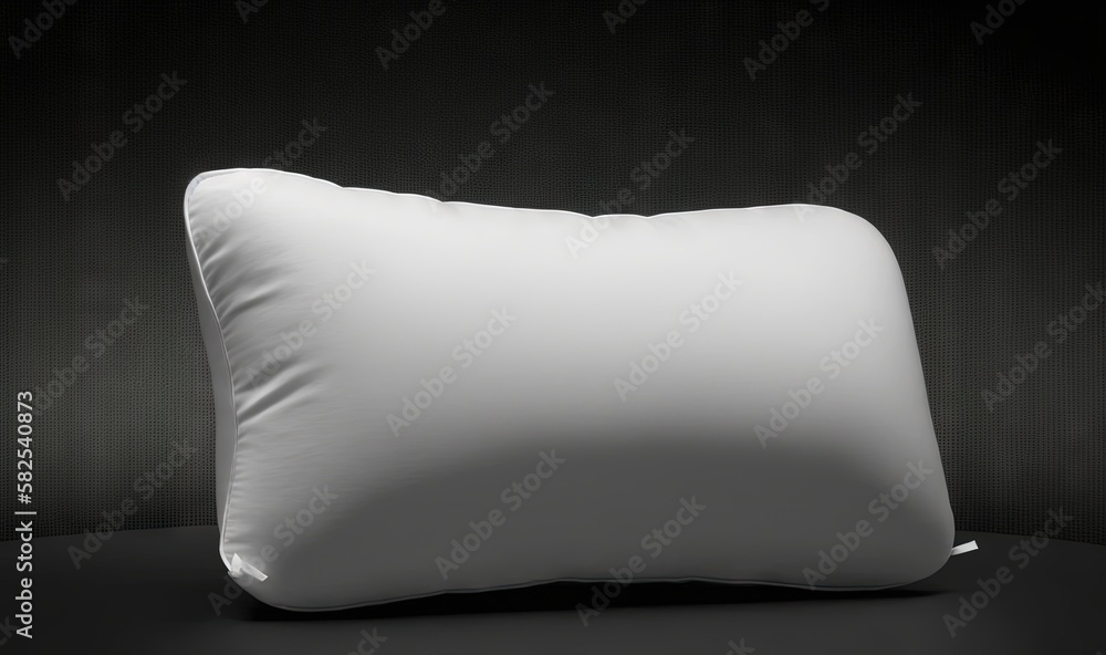  a white pillow sitting on top of a black table next to a black wall and a black wall with a white l