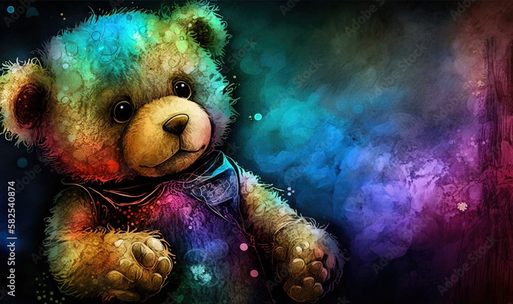  a colorful teddy bear sitting in front of a dark background with a rainbow light behind it and a bl