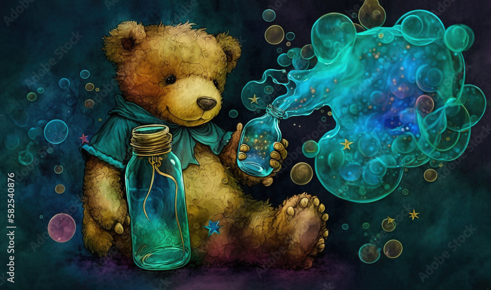  a painting of a teddy bear holding a glass bottle with a liquid pouring out of it and a blue bubble