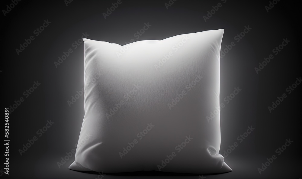  a white pillow sitting on top of a black floor next to a black wall with a light shining on it and 