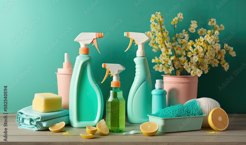  a group of cleaning products sitting on a table next to a vase of flowers and a potted plant with y