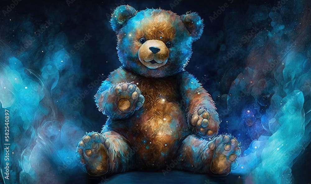  a painting of a teddy bear sitting in the middle of a blue and yellow background with stars and smo