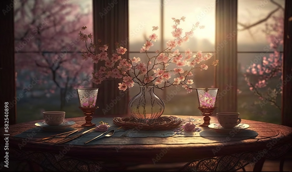  a painting of a table with a vase of flowers on it and a plate of food on the table next to the vas