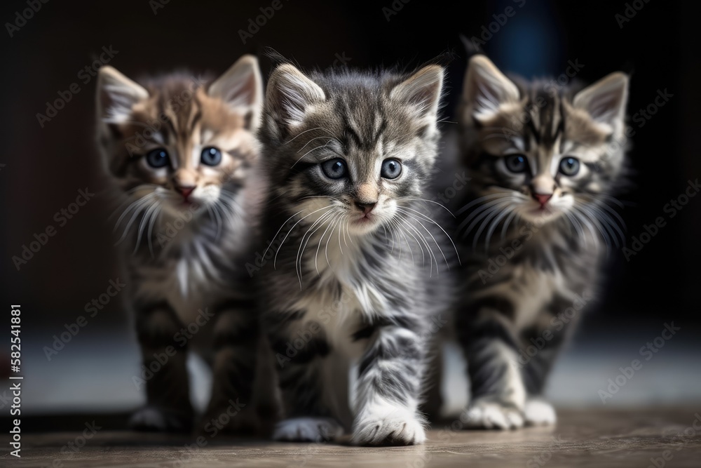 Kittens run around with beautiful faces, noses, eyes, and gray hairs. Generative AI