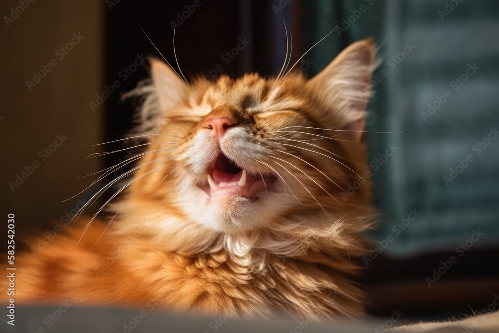 A sweet red Maine breed cat stretches after sleeping. Generative AI