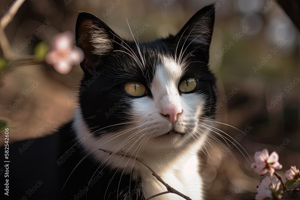 a tuxedo cat on a spring day who slightly avoids the sun. Generative AI