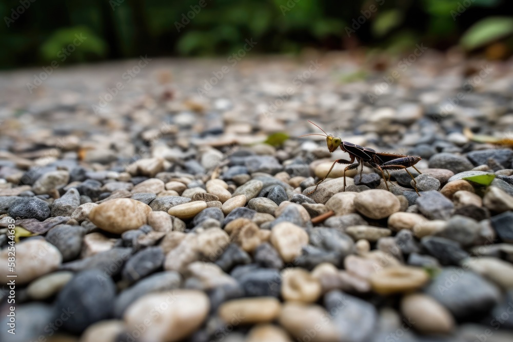 The floor area comprises little stones and dry straw, and the mantis resembles the force of a boxer.