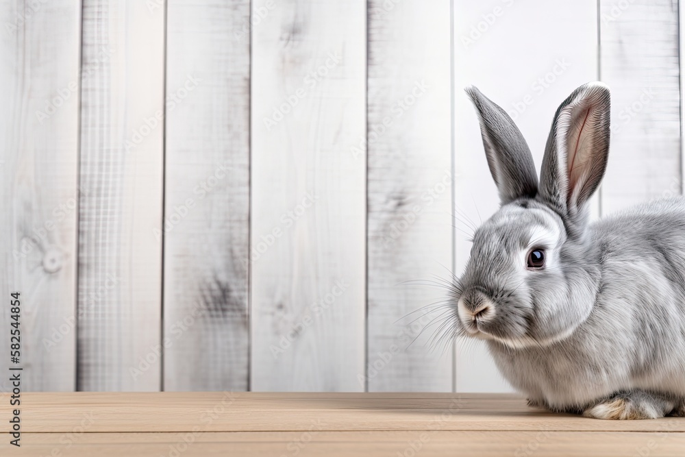 a natural wooden background with a gray hare and rabbit. Generative AI