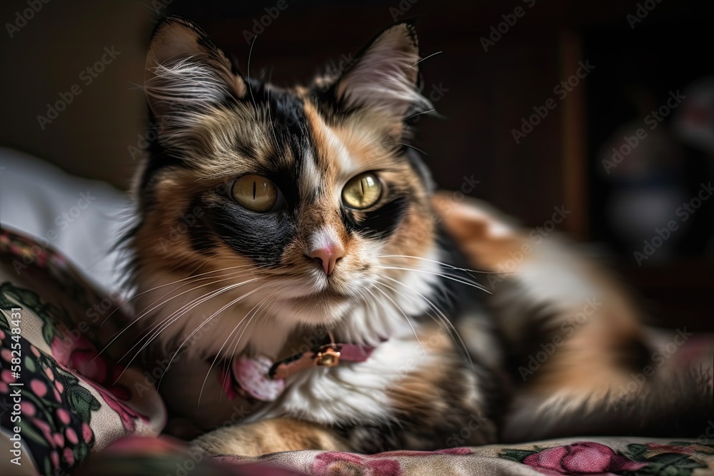 The adorable tortoiseshell cat is resting in bed, looking attentive. Generative AI