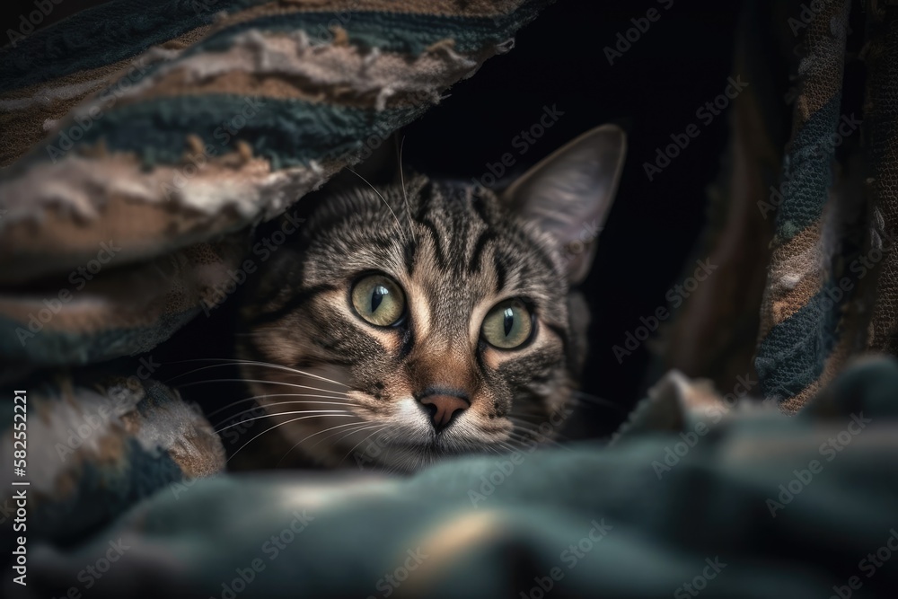 Adorable short haired cat playing hide and seek at home while being interested and snooping. Generat