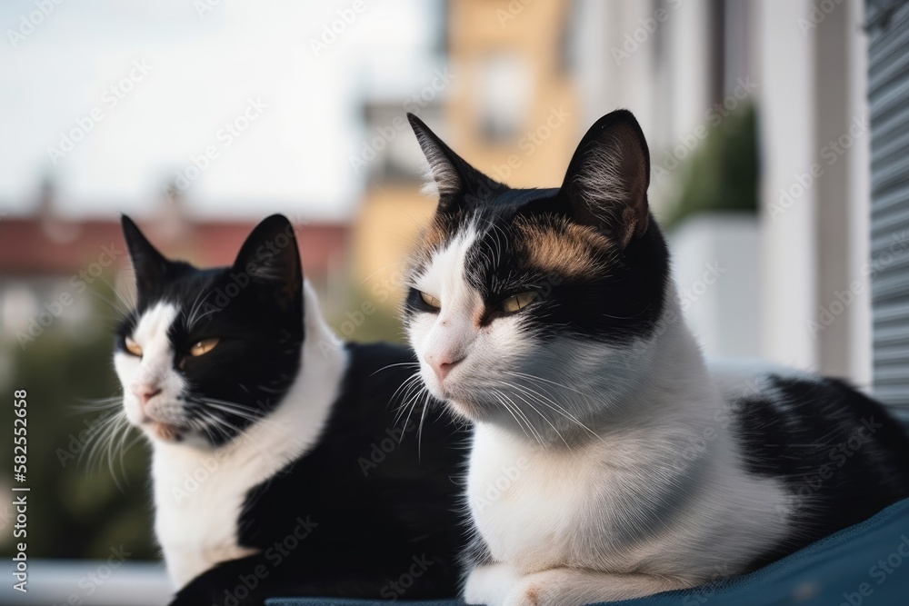 Two adorable cats on a homes balcony. Adorable and sweet white and black female cat rests, loves an