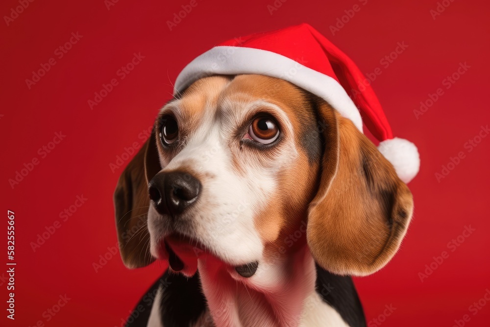 Over a red background, a comical beagle dog wearing a Santa Claus hat. Generative AI