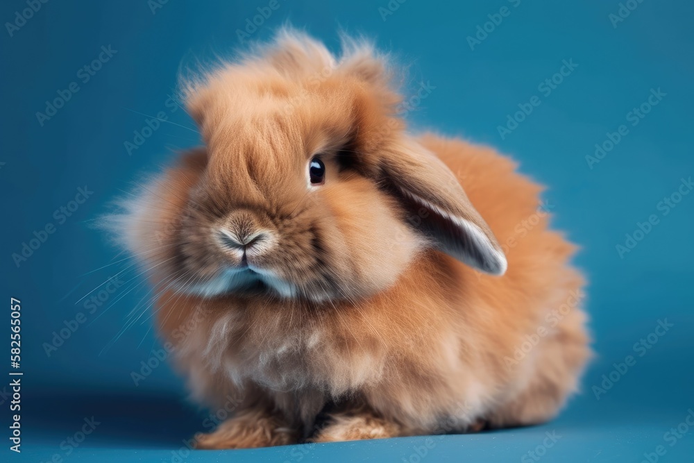 The rabbits furry coat against a blue background is really adorable. Generative AI