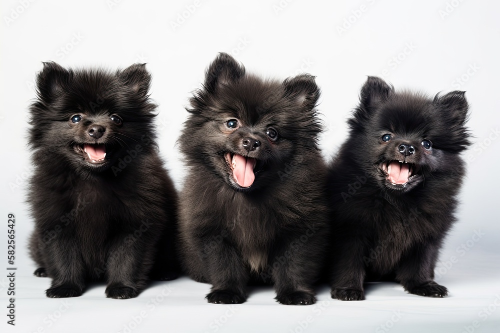 Pomeranian puppies in a group, all laughing, on a white backdrop. Generative AI