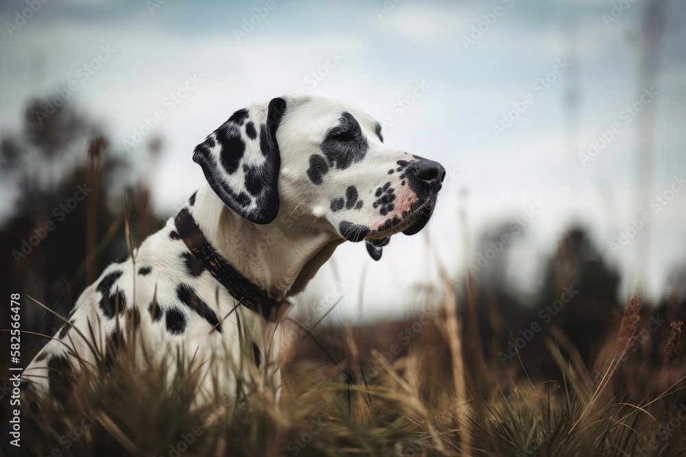 Dalmatian dog on a landscape outside. Generative AI