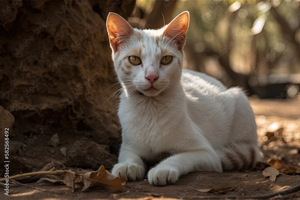 Poor creature up close and personal horizontal photography of a little, white and red cat sitting on