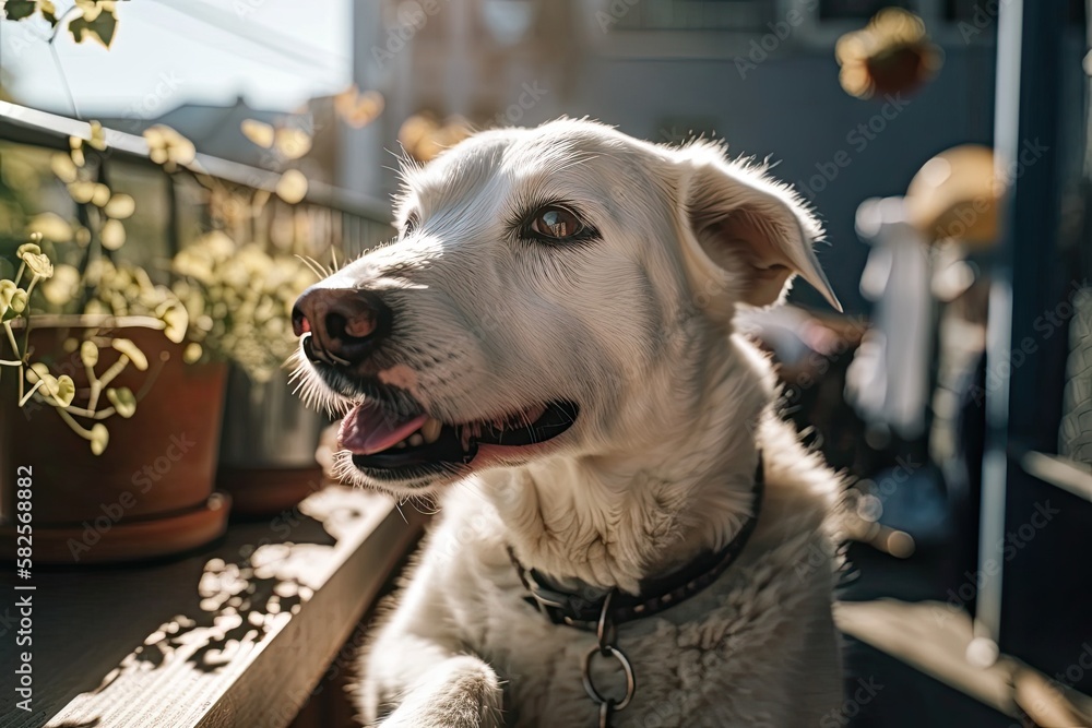 Dog is enjoying the sunshine on the balcony while being petted by his owners. selective attention. G