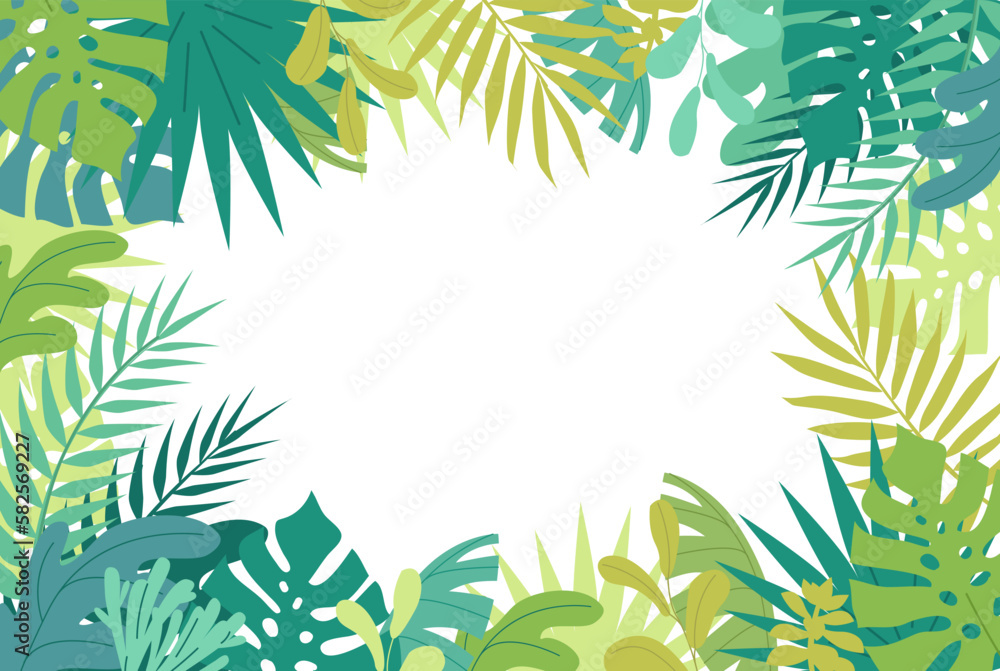 Green color tropical plants frame vector illustration