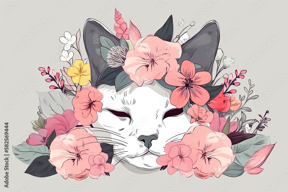 A lovely kitty with flowers on her ears. Generative AI