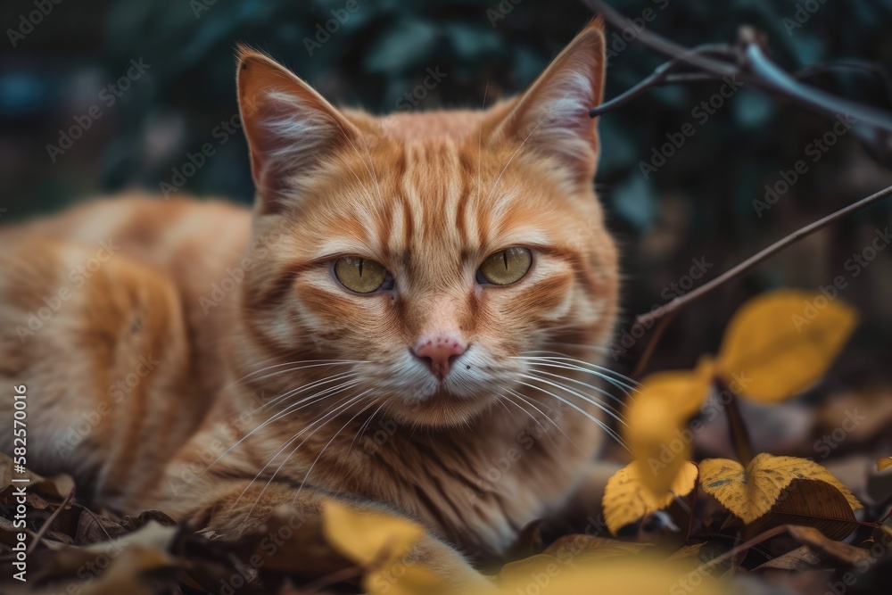 The orange cat was lying down on the grass in the garden. Generative AI