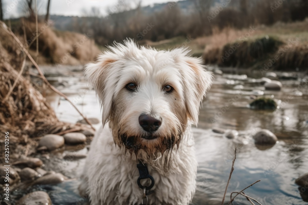 After playing in a stream on a walk, a young dog looks at the camera. Generative AI